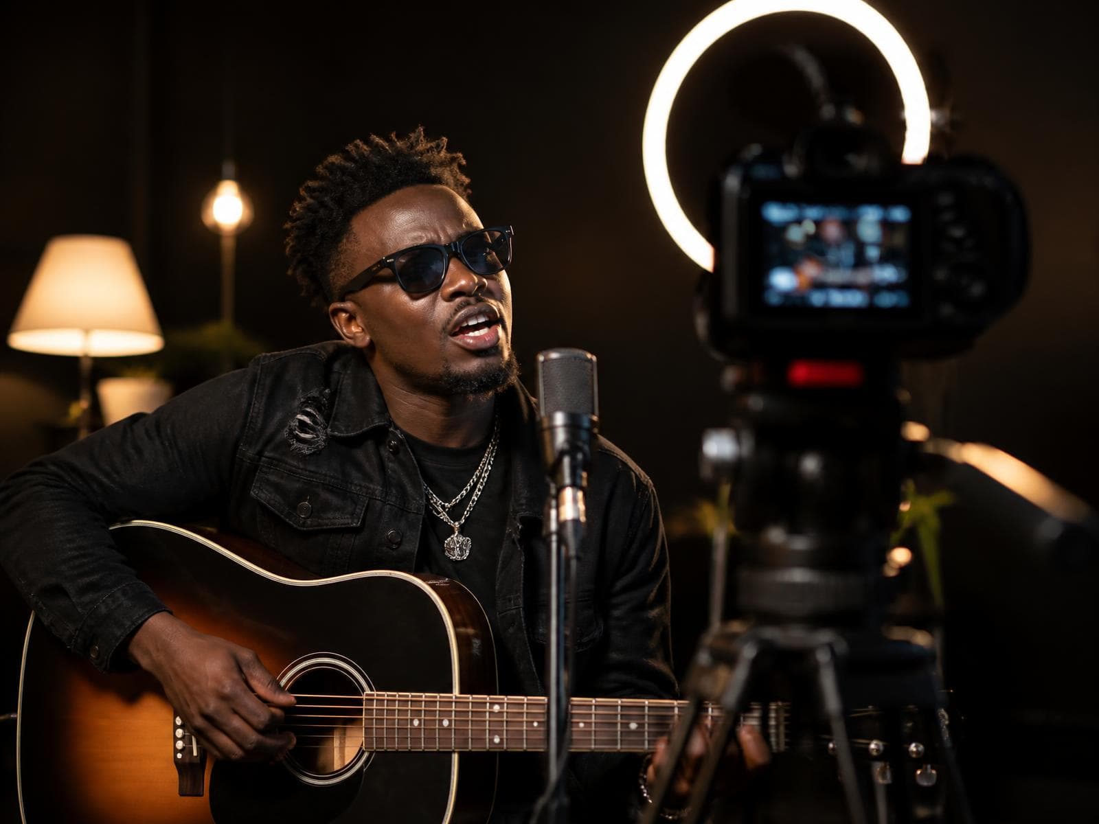 A Kenyan musician performing live to camera in a home studio